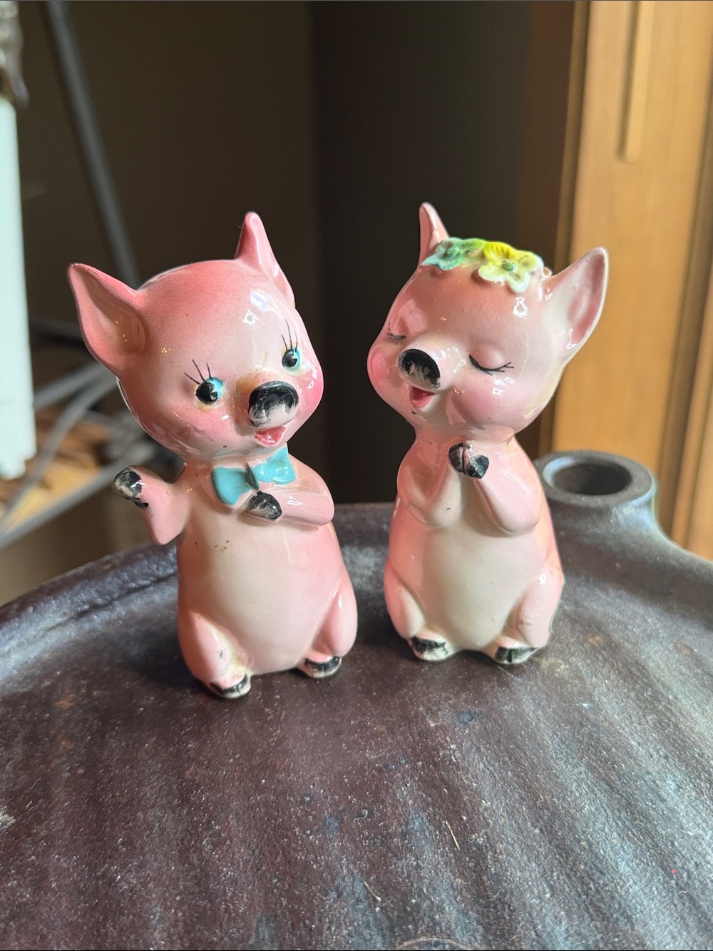 Vintage Pink Ceramic Anthropomorphic Pig Salt and Pepper Shakers